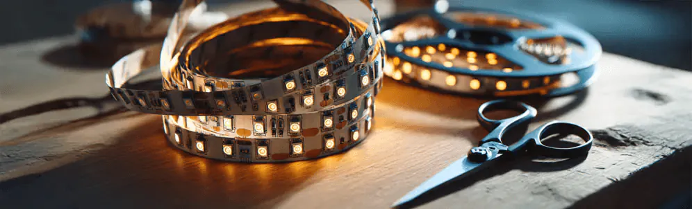 LED-strips ligger ved siden av en saks